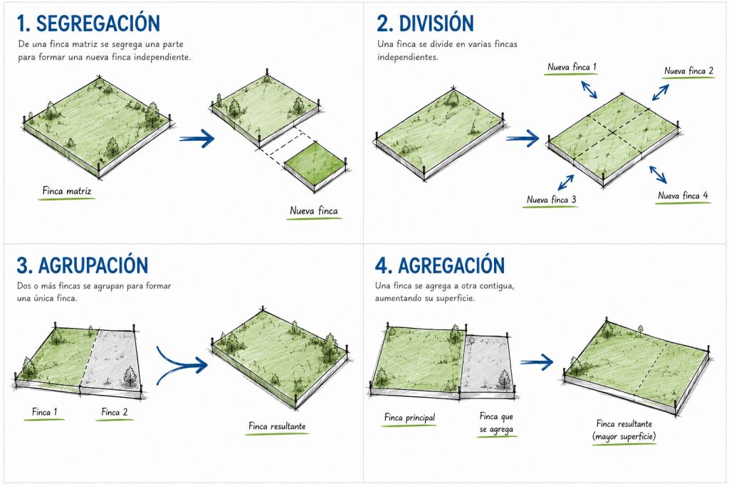 Esquema de segregación, división, agrupación y agregación de fincas con representación gráfica de cada operación sobre una parcela.