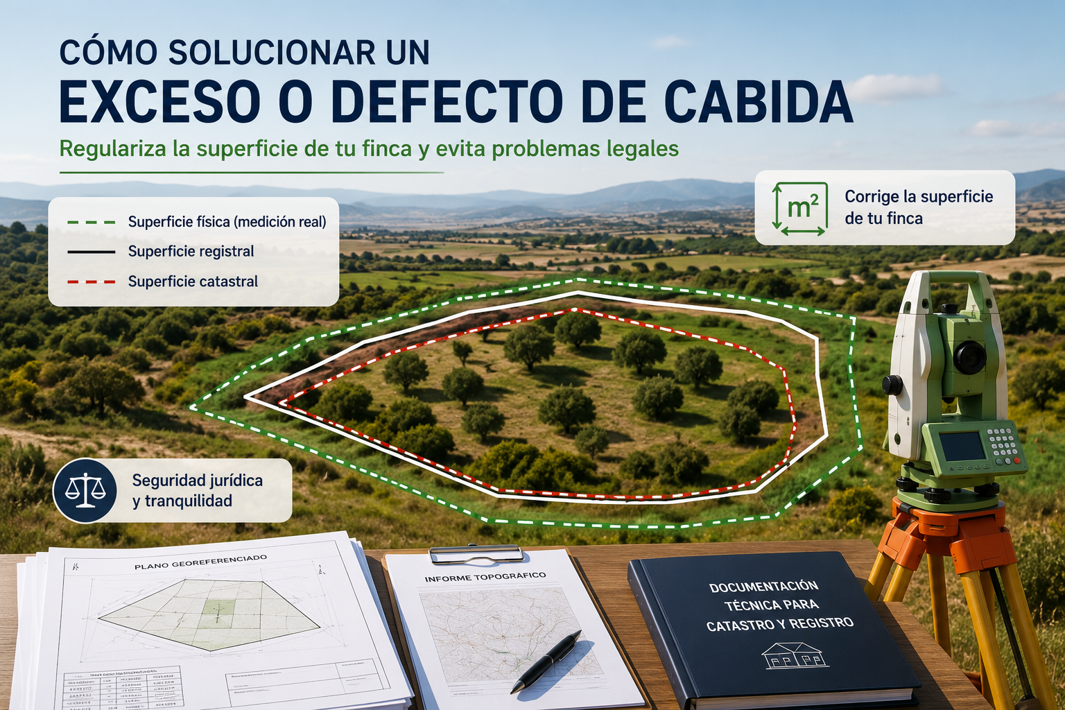 Técnico competente realizando la medición GNSS de una finca para corregir un exceso de cabida o defecto de cabida mediante georreferenciación y documentación técnica.