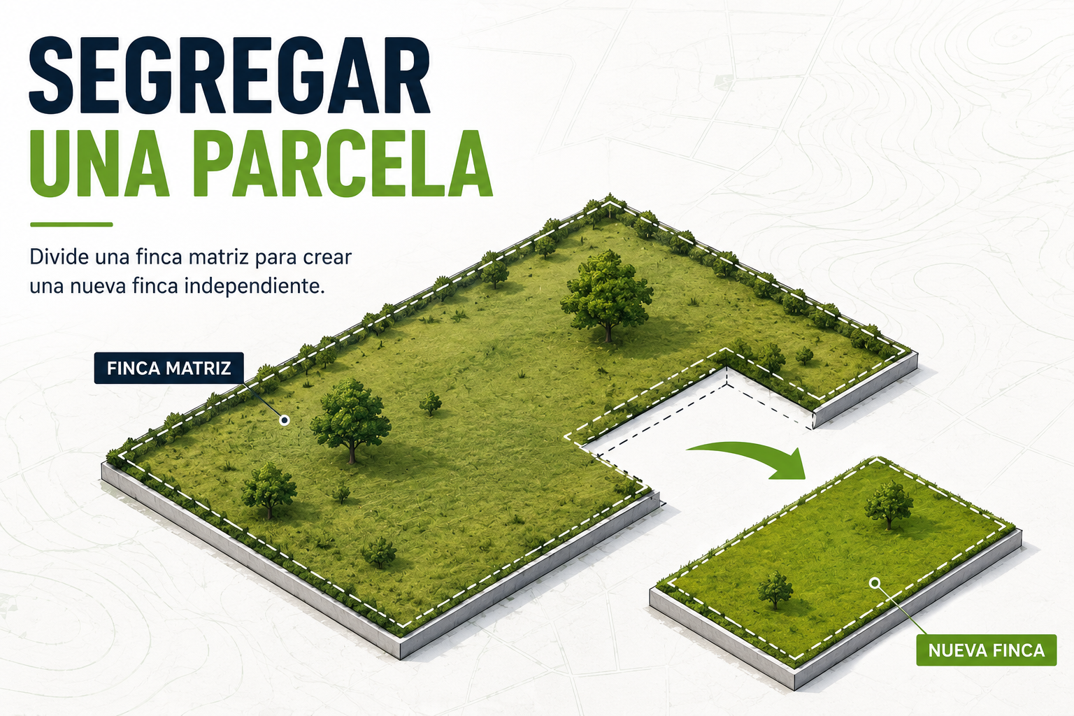Esquema de segregar una parcela, mostrando la separación de una finca matriz para crear una nueva finca independiente.