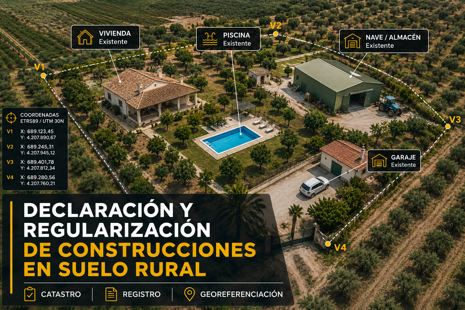 Regularización de construcciones en suelo rural mediante georreferenciación de una finca con vivienda, piscina, nave agrícola y garaje para su declaración en Catastro y Registro de la Propiedad.