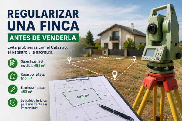 Regularización de una finca antes de venderla mediante levantamiento topográfico para corregir diferencias entre la escritura, el Catastro y la superficie real.