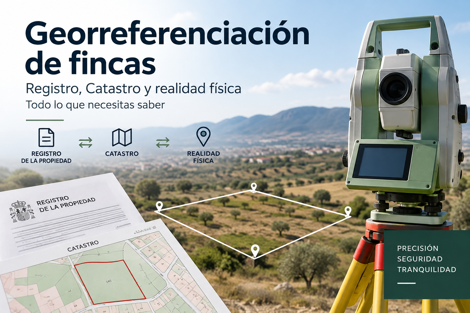 Georreferenciación de fincas con estación total y representación gráfica de una parcela, relacionando Registro, Catastro y realidad física